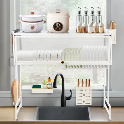 Produktbild von 3 Ebenen Abtropfgestell für Geschirr, großes Abtropfgestell über der Spüle mit Aufbewahrung,zur Aufbewahrung von Geschirr 85x28x77cm Weiß