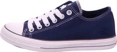 A side view of a navy blue canvas sneaker with white laces and a white sole.