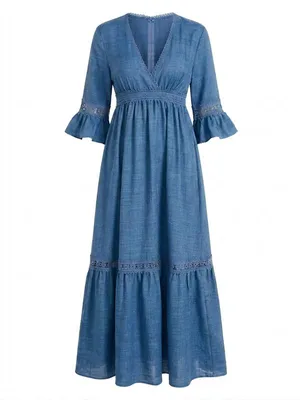Produktbild von Langes Damenkleid mit Glockenärmeln, V-Ausschnitt und Spitzenbesatz