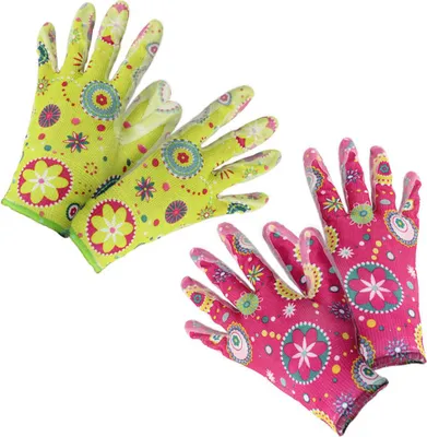 Produktbild von com-four® 2er Set Premium Handschuhe für Garten und Arbeit - Boden- und Pflanzhandschuhe Flower-Power, Größe 8 in grün & pink