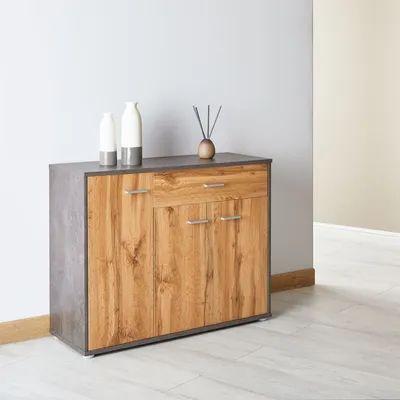 Produktbild von Schuhschrank DEUSTO 3 Türen 1 Schublade 7 Einlageböden für Flur und Eingangsbereich - Schuhregal geschlossen - Schuhaufbewahrung Sideboard betonoptik/eiche