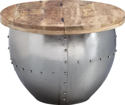 Couchtisch Mango Massivholz Metall Rund mit Holzplatte und vernietetem Metallgestell in Industrial-Optik.