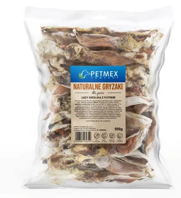 Obrázek produktu pro Petmex Králičí uši s kožešinou 500g Přírodní žvýkací pamlsky pro psy
