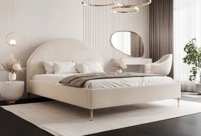 Zdjęcie produktu dla BESILIO Łóżko do sypialni 180x200 Velora II - Łóżko z pojemnikiem, okrągłe kształty, slim, stelaż - Tkanina boucle - Beżowy & Quelle 3