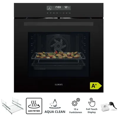 Produktbild von KB-ELEMENTS Einbaubackofen 60 CM, Airfryer Funktion, 15 x Funktionen, Full Touch Display, AQUA CLEAN, 3 Fach Verglasung, 2 x Teleskopauszug, EEK A+