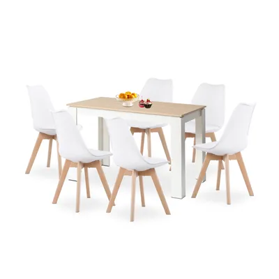 Image de HJ_WeDoo Ensemble de salle à manger avec table en chêne et 6 chaises blanches - Pieds blancs en hêtre massif