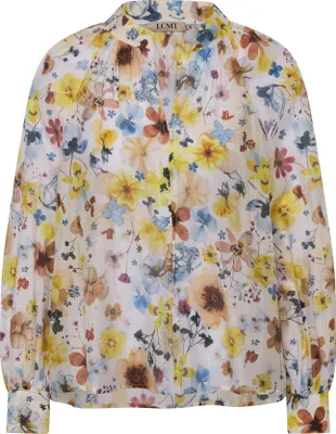 Produktbild von Bluse mit floralem Alloverprint, Stehkragen und Raffungen, Weiß, Größe 48