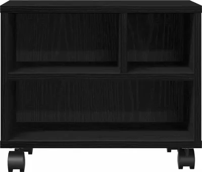 A black printer stand with wheels is shown against a white background.