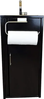 A black mobile sink with a paper towel holder and a faucet.