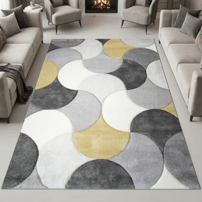 Produktbild von Moderner Teppichläufer grau creme gelb mit Konturenschnitt für Flur Größe - 120 x 170 cm