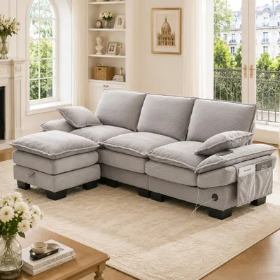 Produktbild von Modulares 3-Sitzer Cordsofa, Hocker, USB-C, Seitentaschen, Hochdichtschaum, ergonomisch (khaki), KI-generiertes Bild