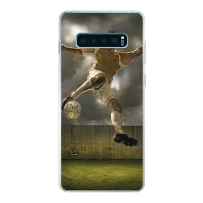 Produktbild von MuchoWow® Handyhülle Schutzhülle Hülle für Samsung Galaxy S10 Plus Eine Illustration eines Fußballspielers, der den Ball schießt - Jungen - Kinder Silikon Softcase Handy Hülle - Schutzhülle