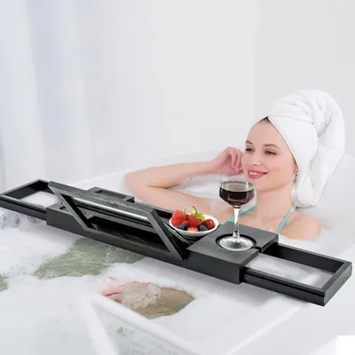 Produktbild von Badewannenablage, verstellbar, Bambus, schwarz, für Badewanne
