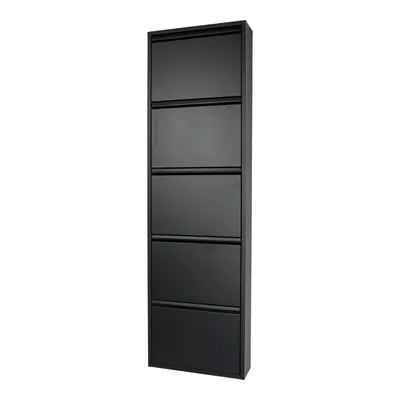 A tall, narrow, black shoe cabinet with five flip-down drawers.