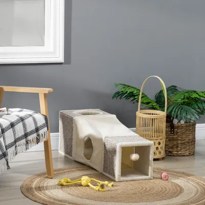 Produktbild von Katzentunnel mit 2 Höhlen & Kratzflächen, Katzenspielhaus Sisal Plüsch, Braun/Beige | 98x30x30 cm | 5 kg | Ballspielzeug