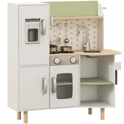 Image de AIYAPLAY Cuisine enfant en bois 3-8 ans jeu d'imitation avec machine à glaçons, évier mobile en acier inoxydable et ustensiles 84 x 34 x 89 cm blanc