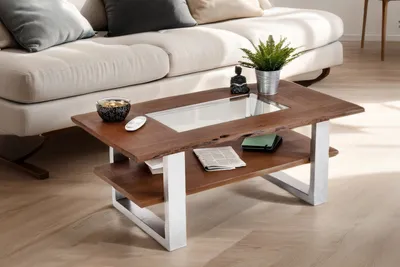 Produktbild von Couchtisch mit Glaseinsatz Baumkante massiv Akazie nussbaum 115x65 cm silber PATRICK