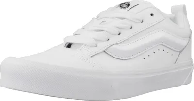 A white Vans Knu Skool sneaker is shown from a side angle against a white background.