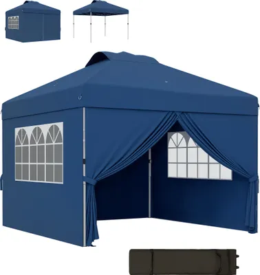 Image de Outsunny Tonnelle de jardin pliante tente de réception pop-up 3 x 3 hauteur réglable avec parois latérales, aérations, fenêtres et sac de transport à roulettes tissu Oxford - bleu foncé