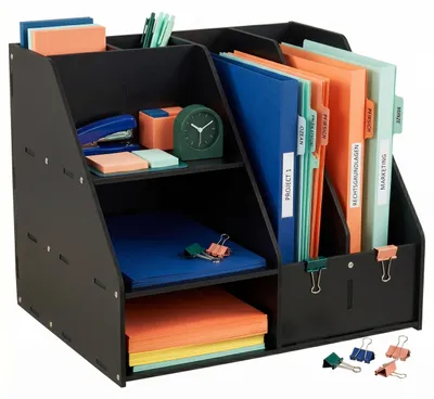 Immagine prodotto di Organizer da scrivania Relaxdays, formato DIN A4, con 7 scomparti, ideale per ufficio, home office e scuola, per penne, documenti e archiviazione, colore nero