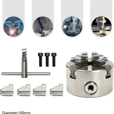 A product shot of a 4-jaw chuck and its accessories, with four smaller circular images at the top showing industrial machinery in use.