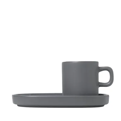 Produktbild von Blomus Pilar Set 2 Espressotassen mit Untertassen, Kaffeetasse, Tasse, Keramik, Pewter, 50 ml, 63972