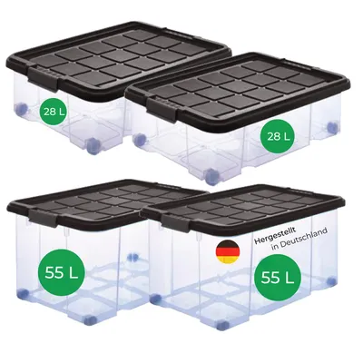 Produktbild von Novaliv 4 tlg Sparset Aufbewahrungsbox mit Deckel Anthrazit 2x 55 L + 2x 28 L Nestbar stapelbar Clipverschluss Rollboxen BPA-frei