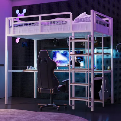 A loft bed with a desk and shelves underneath, set up in a modern bedroom with gaming-themed decor.