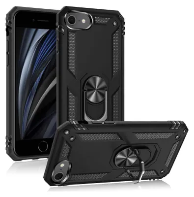 A black protective phone case with a ring holder is displayed from multiple angles against a white background.