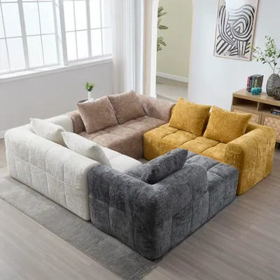 Image de MODFU Canapé d'Angle 3 Places - Tissu Chenille avec Accoudoirs et 3 Coussins, Poche Latérale, Kaki, 250×158×60 cm