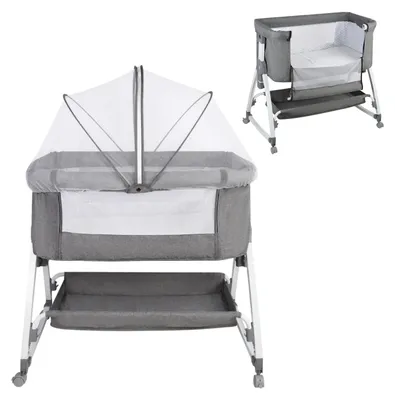 Produktbild von Baby Reisebett - 4-in-1 Kinderbett - Beistellbett & Wiege - Schaukelfunktion - Wickelauflage - Matratze & Moskitonetz - Ablagekorb - Grau