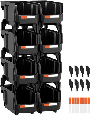 Productafbeelding van Stapelbare plastic containers, 27,7 x 14 x 13 cm, set van 8 stuks, duurzame opbergboxen voor kleding, kantoorbenodigdheden en kleine voorwerpen, zwart