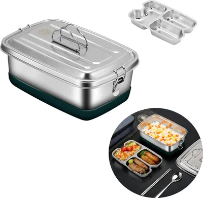Produktbild von Große Bento-Lunchbox mit Trennwand - Edelstahl-Lunchbox für Erwachsene mit 2000 ml Inhalt