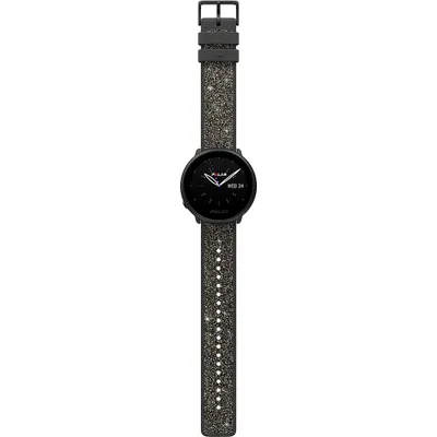 A smartwatch with a black face and a glittery strap is shown against a white background.