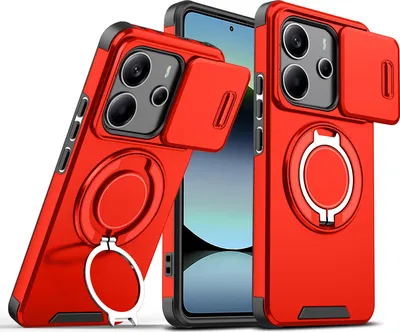 Produktbild von Handyhülle für Xiaomi Redmi Note 14 4G Dual-Layer Stoßfest Militär Hülle mit Dia Kameraschutz und Magnetisch Ring Ständer Rot