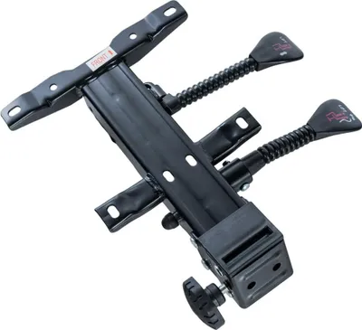 A black office chair mechanism with levers and adjustment knobs, shown against a white background.
