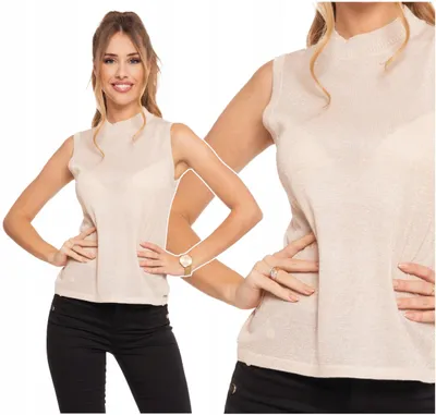 Produktbild von Moraj - Damentop Größe S - Stricktop Beige - Ärmelloses Top fur Damen - Stehkragen Top Steh Kragen