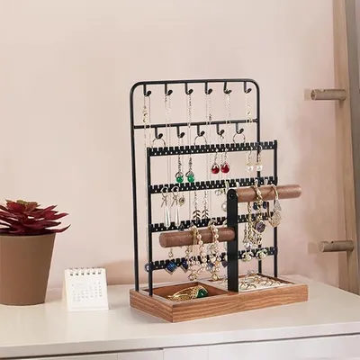 Productafbeelding van PolkaHome® Mehrlaagse sieradenhouder van hout en metaal – sieradenstandaard voor halskettingen, ringen en armbanden