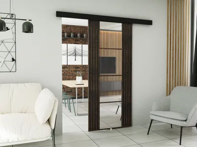 A modern living room with a sliding door system.