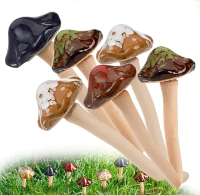 Produktbild von 6 Stück bunte keramische Pilze - Gartendekoration und Topfornament