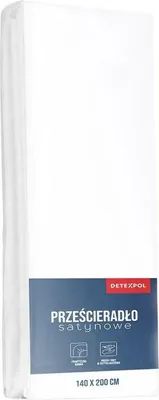 A white satin fitted sheet is folded and presented in its packaging.