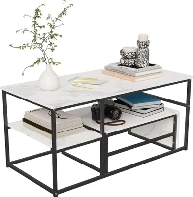 Immagine prodotto di Fortuna Lai Set di 2 Tavolini Marmo Nero Moderno: Tavolino da salotto rettangolare scandinavo con struttura in metallo dorato - tavolino da salotto grande:105×52×48,5cm piccolo:60×45×28cm