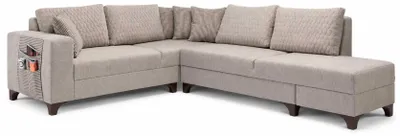 Obrázek produktu pro Rohová sedačka do obývacího pokoje, béžová, moderní design, tvar "L", s dřevěnými nohami, elegantní