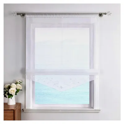 Produktbild von Raffrollo mit Schlaufen für die Küche, transparent, bestickt, Voile, Weiß, BxH 80x140cm, 1 Stück