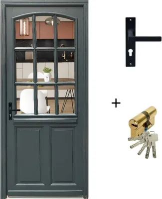 Image de Porte d'entree Bois vitree, Alexa , gris RAL7016, H215 x L80 p, droit Cote Tableau + Poignee Et Barillet ( ref 010723NO)