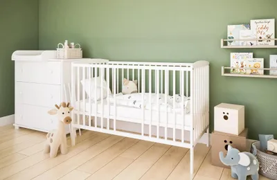 Produktbild von ZEE Set Babybett 120x60 cm 2in1 Weiß Mit Schutzbarriere Umbaubar Zum Kinderbett mit Wickelkommode Classic 3 Schubladen