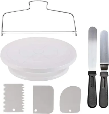 Produktbild von 11 Zoll Tortendrehteller mit 2 Zuckergussspachteln und Zuckerguss-Glätter, drehbarer Tortenständer, weiß, Backzubehör zum Dekorieren von Torten
