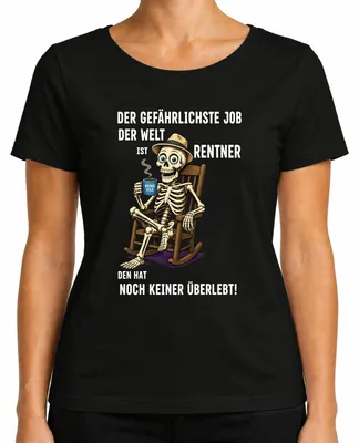 Imagen del producto de Camiseta para mujer, color , talla L. Diseño: "El trabajo más peligroso del mundo", con imagen de un esqueleto de anciano. Estilo: sarcástico