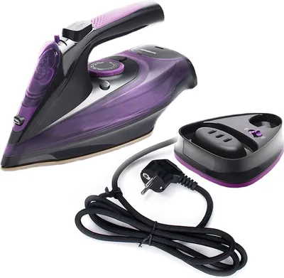 A cordless iron and its charging base are displayed on a white background.