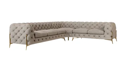 Produktbild von S-STYLE MÖBEL - Chesterfield Ecksofa Nova mit Goldene Metall Füßen aus Dunkle Creme Samtstoff -  Ottomane rechts, B/T/H: 323 cm/ 264 cm/ 75 cm